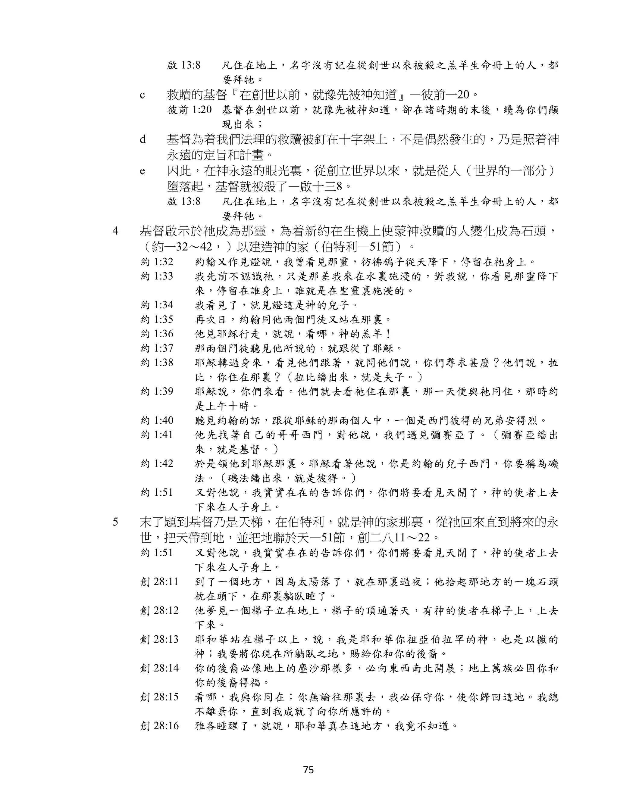 啟 13:8   凡住在地上，名字沒有記在從創世以來被殺之羔羊生命冊上的人，都
                 要拜牠。
    c   救贖的基督『在創世以前，就豫先被神知道』—彼前一20。
        彼前 1:20 基督在創世以前，就豫先被神知道，卻在諸時期的末後，纔為你們顯
                現出來；
    d   基督為着我們法理的救贖被釘在十字架上，不是偶然發生的，乃是照着神
        永遠的定旨和計畫。
    e   因此，在神永遠的眼光裏，從創立世界以來，就是從人（世界的一部分）
        墮落起，基督就被殺了—啟十三8。
        啟 13:8   凡住在地上，名字沒有記在從創世以來被殺之羔羊生命冊上的人，都
                 要拜牠。
4   基督啟示於祂成為那靈，為着新約在生機上使蒙神救贖的人變化成為石頭，
    （約一32～42，）以建造神的家（伯特利—51節）。
    約 1:32    約翰又作見證說，我曾看見那靈，彷彿鴿子從天降下，停留在祂身上。
    約 1:33    我先前不認識祂，只是那差我來在水裏施浸的，對我說，你看見那靈降下
              來，停留在誰身上，誰就是在聖靈裏施浸的。
    約 1:34    我看見了，就見證這是神的兒子。
    約 1:35    再次日，約翰同他兩個門徒又站在那裏。
    約 1:36    他見耶穌行走，就說，看哪，神的羔羊！
    約 1:37    那兩個門徒聽見他所說的，就跟從了耶穌。
    約 1:38    耶穌轉過身來，看見他們跟著，就問他們說，你們尋求甚麼？他們說，拉
              比，你住在那裏？（拉比繙出來，就是夫子。）
    約 1:39    耶穌說，你們來看。他們就去看祂住在那裏，那一天便與祂同住，那時約
              是上午十時。
    約 1:40    聽見約翰的話，跟從耶穌的那兩個人中，一個是西門彼得的兄弟安得烈。
    約 1:41    他先找著自己的哥哥西門，對他說，我們遇見彌賽亞了。（彌賽亞繙出
              來，就是基督。）
    約 1:42    於是領他到耶穌那裏。耶穌看著他說，你是約翰的兒子西門，你要稱為磯
              法。（磯法繙出來，就是彼得。）
    約 1:51    又對他說，我實實在在的告訴你們，你們將要看見天開了，神的使者上去
              下來在人子身上。
5   末了題到基督乃是天梯，在伯特利，就是神的家那裏，從祂回來直到將來的永
    世，把天帶到地，並把地聯於天—51節，創二八11～22。
    約 1:51    又對他說，我實實在在的告訴你們，你們將要看見天開了，神的使者上去
              下來在人子身上。
    創 28:11   到了一個地方，因為太陽落了，就在那裏過夜；他拾起那地方的一塊石頭
              枕在頭下，在那裏躺臥睡了。
    創 28:12   他夢見一個梯子立在地上，梯子的頂通著天，有神的使者在梯子上，上去
              下來。
    創 28:13   耶和華站在梯子以上，說，我是耶和華你祖亞伯拉罕的神，也是以撒的
              神；我要將你現在所躺臥之地，賜給你和你的後裔。
    創 28:14   你的後裔必像地上的塵沙那樣多，必向東西南北開展；地上萬族必因你和
              你的後裔得福。
    創 28:15   看哪，我與你同在；你無論往那裏去，我必保守你，使你歸回這地。我總
              不離棄你，直到我成就了向你所應許的。
    創 28:16   雅各睡醒了，就說，耶和華真在這地方，我竟不知道。


                        75
 
