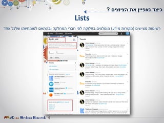Lists
‫מצייצים‬ ‫רשימות‬(‫מידע‬ ‫מקורות‬)‫בחלוקה‬ ‫מומלצים‬‫אחד‬ ‫שלכל‬ ‫למומחיותו‬ ‫ובהתאם‬ ‫המחלקה‬ ‫חברי‬ ‫לפי‬
‫הציוצים‬ ‫את‬ ‫נאפיין‬ ‫כיצד‬?
 