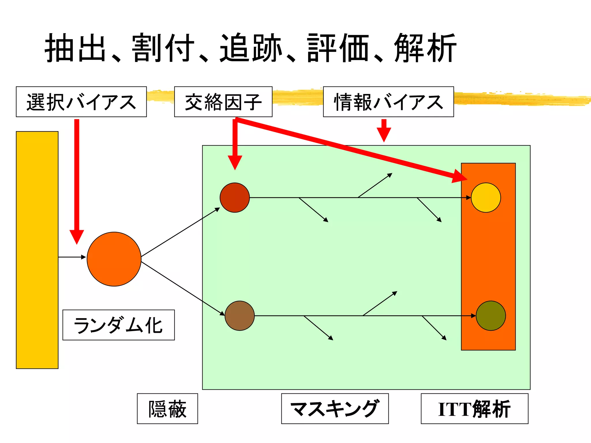 抽出、割付、追跡、評価、解析
選択バイアス    交絡因子     情報バイアス




  ランダム化



         隠蔽      マスキング   ITT解析
 
