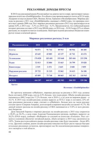 РЕКЛАМНЫЕ ДОХОДЫ ПРЕССЫ
   В 2014 году рекламный рынок России выйдет на девятое место в мире, прогнозирует между-
народное агентство «ZenithOptimedia». Его объем к тому времени вырастет почти до $12,4 млрд.
Лидерами останутся рынки США, Японии, Китая, Германии и Великобритании. Мировые рас-
ходы на рекламу в 2011 году «ZenithOptimedia» оценивает в $460,8 млрд, что примерно соот-
ветствует уровню 2008 года. Рост мировых рекламных расходов в 2012 году прогнозируется на
уровне 4,8%, в 2013 году – 5,3% и в 2014 году – 6,1%. Предполагается, что глобальный рынок
интернет-рекламы составит в 2012 году $88,06 млрд, а в 2014 году – $118,9 млрд (22% от общих
расходов), но лидером останется телевидение. Некоторое падение рекламных бюджетов плани-
руется только в печатной прессе.

                            Мировые рекламные расходы, $ млн

          Рекламоноситель        2010       2011        2012*          2013*       2014*

Газеты                          94 871     91 742       89 953         88 946      88 480

Журналы                         43 643     43 003       42 137         41 741      41 674

Телевидение                     176 820   183 681      193 660        203 444     215 298

Радио                           32 013     32 884       33 663         34 799      35 828

Кинотеатры                       2 319     2 474        2 643          2 848       3 055

Наружная реклама                29 722     31 315       32 862         34 413      36 108

Интернет                        65 009     75 748       88 065        102 363     118 943

ВСЕГО                           444 397   460 847      482 983        508 555     539 386
     *
         Прогноз
                                                                 Источник: «ZenithOptimedia»

   По прогнозу компании «eMarketer», мировые расходы на рекламу в 2011 году должны
были составить $500 млрд, или на 4,5% больше, чем годом ранее. Объём онлайн-рекламы
оценивался в $80,2 млрд (на 17,2% больше, чем в 2010 г.), а её доля на мировом рынке – в
16,1%. К 2015 году онлайн-реклама должна вырасти до $132,1 млрд и составить 22% об-
щих рекламных расходов в мире, считают в «eMarketer». Больше всех на такую рекламу
сегодня тратит Северная Америка, доля которой в мировом масштабе составляет 41,7%. На
данный момент расходы на онлайн-рекламу в США оцениваются в 15,8% от всех реклам-
ных бюджетов.
   Доля Западной Европы в мировых расходах на онлайн-рекламу к 2015 году сократится
с 28,8% до 26,5%, а доля стран Азиатско-Тихоокеанского региона, наоборот, вырастет до
26,2% ($34,6 млрд), сообщает «BizReport» со ссылкой на агентство «Forrester». Рост сег-
мента в основном обеспечит китайский рынок, объём которого к 2015 году увеличится на
145%. Темпы роста российского рынка онлайн-рекламы тоже будут высокими – более 40%
в год. Другими словами, рынок онлайн-рекламы повсеместно будет расти гораздо быстрее
остальных рекламных сегментов, прогнозируют все без исключения рекламные измерите-
ли и эксперты в этой области.
44
 