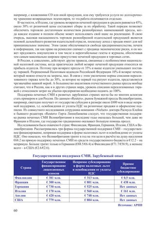 например, с вложениями CD или иной продукции, или ему требуются услуги по долгосрочно-
му хранению возвращаемых экземпляров, то эта работа оплачивается отдельно.
   В частности, в Италии, где уровень возвратов печатной продукции в среднем равняется 45%,
около 38% от розничной цены составляют сборы за их обработку. Такой порядок позволяет
обеспечить торговлю достаточным количеством разнообразных наименований прессы, ког-
да каждое издание в полном объеме может использовать свой шанс на реализацию. В свою
очередь, высокая насыщенность торговли разнообразной издательской продукцией является
основой дальнейшего развития издательской отрасли, поскольку доход с продаж имеет для неё
принципиальное значение. Этим также обеспечивается свобода предпринимательства, печати
и информации, так как право на ремиссию снимает с продавца экономические риски, и он мо-
жет предложить покупателям в том числе и нерентабельные газеты и журналы, обеспечивая
тем самым максимально широкое присутствие печатной продукции в торговых сетях.
   В России, к сожалению, действуют другие правила, связанные с особенностями националь-
ной налоговой системы, когда практически любой возврат печатной продукции относится на
прибыль издателя. Поэтому при возврате прессы от 35% и выше издатели уменьшают постав-
ку тиражей. Разрешенный Налоговым кодексом Российской Федерации 10%-й возврат печати,
который можно отнести на затраты, мал. В связи с этим увеличение нормы списания нереали-
зованного тиража хотя бы до 30%, за которое не первый год ратуют издатели, представляется
чрезвычайно важной мерой. А большинство аналитиков отечественного рынка прессы вообще
считают, что в России, как и в других странах мира, уровень списания нереализованных тира-
жей с отнесением затрат на убытки предприятия необходимо поднять до 100%.
   Поддержка печатных СМИ в развитых зарубежных странах могла бы по многим аспектам
стать примером и для России. По данным «Reuters», рынок бумажной прессы Великобритании,
например, ежегодно получает от государства субсидии в размере около £600 млн в виде непря-
мой поддержки, т.е. освобождения от уплаты НДС на розничные продажи и оформление под-
писки. Из совместного исследования сотрудника компании «Nielsen» доктора Расмуса Клейна
и бывшего редактора «Reuters» Гирта Линнебанкома следует, что государственная поддерж-
ка рынка печатных СМИ Великобритании в последние годы оказалась большей, чем даже во
Франции и Италии, где государство традиционно оказывает большую помощь прессе.
   Исследованием было охвачено 6 стран: Финляндия, Франция, Германия, Италия, США и Ве-
ликобритания. Рассматривались три формы государственной поддержки СМИ – государствен-
ное финансирование, непрямая поддержка в форме налоговых льгот и освобождение от уплаты
НДС. Оно показало, что Великобритания тратит в год на эти цели в расчёте на душу населения
€68.2 на прямую поддержку печатных СМИ из средств государственного бюджета и €12.2 – на
непрямую. Больше тратят только в Германии (€88.5/€6.4) и Финляндии (€71.7/€58.9), а меньше
всего – в США (€2.6/€2.6).

              Государственная поддержка СМИ. Зарубежный опыт
                   Государственное       Непрямое субсидирование
                                                                            Прямое
                   финансирование        в форме налоговых льгот
     Страна                                                               бюджетное
                    лицензионных         и освобождения от уплаты
                                                                        субсидирование
                       взносов                      НДС
Финляндия             € 381 млн.                 € 313 млн.                € 0,5 млн.
Франция               € 300 млн.                 € 801 млн.                € 438 млн.
Германия              € 730 млн.                 € 525 млн.               Нет данных
Италия                € 170 млн.                 € 560 млн.                € 161 млн.
Англия                € 420 млн.                 € 748 млн.               Нет данных
США                   € 779 млн.                 € 804 млн.               Нет данных
                                                                         Источник: АРПП
60
 