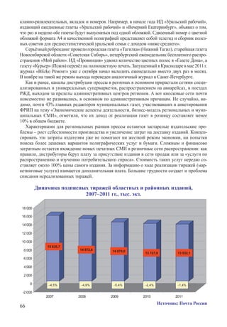 кламно-развлекательных, вкладок и номеров. Например, в начале года ИД «Уральский рабочий»,
издающий ежедневные газеты «Уральский рабочий» и «Вечерний Екатеринбург», объявил о том,
что раз в неделю обе газеты будут выпускаться под одной обложкой. Сдвоенный номер с цветной
обложкой формата А4 и качественной полиграфией представляет собой телегид и сборник полез-
ных советов для среднестатистической уральской семьи с доходом «ниже среднего».
   Серьёзный ребрендинг провели городская газета «Тагилка» (Нижний Тагил), старейшая газета
Новосибирской области «Советская Сибирь», петербургский еженедельник бесплатного распро-
странения «Мой район». ИД «Провинция» удвоил количество цветных полос в «Газете Дона», а
газету «Курьер» (Псков) перевёл на полноцветную печать. Запущенный в Краснодаре в мае 2011 г.	
журнал «Blizko Ремонт» уже с октября начал выходить еженедельно вместо двух раз в месяц.	
В ноябре на такой же режим выхода переведен аналогичный журнал в Санкт-Петербурге.
   Как и ранее, каналы дистрибуции прессы в регионах в основном прирастали сетями специ-
ализированных и универсальных супермаркетов, распространением на авиарейсах, в поездах
РЖД, выходом за пределы административных центров регионов. А вот киосковые сети почти
повсеместно не развивались, в основном по административным причинам. Не случайно, ви-
димо, почти 43% главных редакторов муниципальных газет, участвовавших в анкетировании
ФРИП на тему «Экономические аспекты деятельности, бизнес-модель региональных и муни-
ципальных СМИ», отметили, что их доход от реализации газет в розницу составляет менее
10% в общем бюджете.
   Характерными для региональных рынков прессы остаются застарелые издательские про-
блемы – рост себестоимости производства и увеличение затрат на доставку изданий. Компен-
сировать эти затраты издателям уже не помогают ни жесткий режим экономии, ни попытки
поиска более дешевых вариантов полиграфических услуг и бумаги. Сложны­м и финансово
затратным остается вхождение новых печатных СМИ в розничные сети распространения: как
правило, дистрибуторы берут плату за присутствие издания в сети продаж или за «услуги по
распространению и изучению потребительского спроса». Стоимость таких услуг нередко со-
ставляет около 100% цены самого издания. За информацию о ходе реализации тиражей (мар-
кетинговые услуги) взимается дополнительная плата. Большие трудности создает и проблема
списания нереализованных тиражей.

       Динамика подписных тиражей областных и районных изданий,
                        2007–2011 гг., тыс. экз.




                                                                    Источник: Почта России
66
 