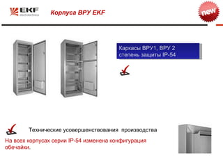 Корпуса ВРУ EKF




                                        Каркасы ВРУ1, ВРУ 2
                                        степень защиты IP-54




        Технические усовершенствования производства
На всех корпусах серии IP-54 изменена конфигурация
обечайки.
 