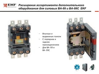 Расширение ассортимента дополнительного
оборудования для силовых ВА-99 и ВА-99С EKF




            -   Втычные и
                выдвижные панели
            -   С передним и
                задним
                присоединением
            -   Для ВА-99 и
                ВА-99С
 