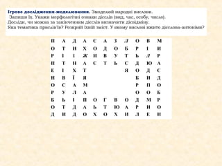 Ігрове дослідження-моделювання. Змоделюй народні вислови.
 Запиши їх. Укажи морфологічні ознаки дієслів (вид, час, особу, число).
Досліди, чи можна за закінченням дієслів визначити дієвідміну.
Яка тематика прислів'їв? Розкрий їхній зміст. У якому вислові вжито дієслова-антоніми?


                  П    А    Д   А    Є   А    З    Л   О    В    М
                  О    Т    И   Х    О   Д    О    Б   Р    І    И
                  Р    І    1   Ж    И   В    У    Т   Ь    Л    Р
                  П    Т    Н   А    Є   Т    Ь    С   Д    Ю    А
                  Е    І    Х   Т                  Я   О    Д    Є
                  Н    В    Ї   Я                      Б    И    Д
                  О    С    А   М                      Р    П    О
                  Р    У    Л   А                      О    О    Б
                  Б    Ь    І   П    О   Г    В    О   Д    М    Р
                  О    Т    Д   А    Ь   Т    Ю    А   Р    И    О
                  Д    И    Д   О    Х   О    X    И   Л    Е    Н
 