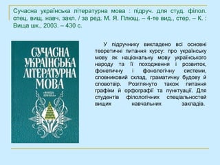 Сучасна українська літературна мова : підруч. для студ. філол.
спец. вищ. навч. закл. / за ред. М. Я. Плющ. – 4-те вид., стер. – К. :
Вища шк., 2003. – 430 с.


                                У підручнику викладено всі основні
                             теоретичні питання курсу: про українську
                             мову як національну мову українського
                             народу та її походження і розвиток,
                             фонетичну    і   фонологічну    системи,
                             словниковий склад, граматичну будову й
                             словотвір. Розглянуто також питання
                             графіки й орфографії та пунктуації. Для
                             студентів філологічних спеціальностей
                             вищих        навчальних        закладів.
 