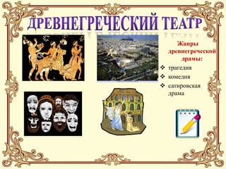 Жанры
  древнегреческой
       драмы:
 трагедия
 комедия
 сатировская
  драма
 