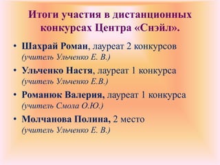 Итоги участия в дистанционных
     конкурсах Центра «Снэйл».
• Шахрай Роман, лауреат 2 конкурсов
 (учитель Ульченко Е. В.)
• Ульченко Настя, лауреат 1 конкурса
 (учитель Ульченко Е.В.)
• Романюк Валерия, лауреат 1 конкурса
 (учитель Смола О.Ю.)
• Молчанова Полина, 2 место
 (учитель Ульченко Е. В.)
 