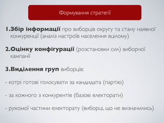 Формування стратегії

1.Збір інформації про виборців округу та стану наявної
  конкуренції (аналіз настроїв населення вцілому)

2.Оцінку конфігурації (розстановки сил) виборчої
  кампанії

3.Виділення груп виборців:

- котрі готові голосувати за кандидата (партію)

- за кожного з конкурентів (базові електорати)

- рухомої частини електорату (виборці, що не визначились)
 