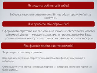 Як людина робить свій вибір?

      Виборець керується стереотипами. Він має обрати зрозуміле "світле
                                майбутнє".

                     Що зробити аби обрали Вас?

Сформувати стратегію, що заснована на існуючих стереотипах масової
  свідомості. Донести меседжі максимально просто, зрозуміло. Ваша
 публічна політика має бути змістовною на рівні стереотипів виборця.

                  Яка функція політичних технологів?
Запропонувати політичну стратегію.

Корисуючись існуючими стереотипами, налагодити ефективу комунікацію з
виборцем.

Організувати чітке керування передвиборчою чи виборчою кампанією, партійним
будівництвом.
 