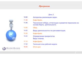 Программа


                          День 2.
10.00   Алгоритмы реализации задач.
11.30   Кофе-брейк..
11.45   Технология отбора, аттестации и развития персонала на
        основе Карты деятельности.
13.00   Обед.
14.00   Виды деятельности и их регламентация.
15.30   Кофе-брейк..
15.45   Определение приоритетов.
        Виды планов.
17.15   Кофе-брейк..
17.30   Типичный план рабочей недели.
18.30   Итоги дня.
 
