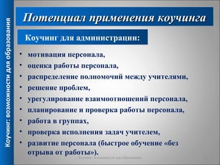 Потенциал применения коучинга
Коучинг: возможности для образования



                                           Коучинг для администрации:
                                       •   мотивация персонала,
                                       •   оценка работы персонала,
                                       •   распределение полномочий между учителями,
                                       •   решение проблем,
                                       •   урегулирование взаимоотношений персонала,
                                       •   планирование и проверка работы персонала,
                                       •   работа в группах,
                                       •   проверка исполнения задач учителем,
                                       •   развитие персонала (быстрое обучение «без
                                           отрыва от работы»).
                                                        Коучинг: возможности для образования   12
 