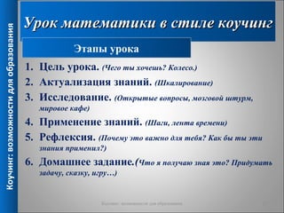 Урок математики в стиле коучинг
Коучинг: возможности для образования



                                                   Этапы урока
                                       1. Цель урока. (Чего ты хочешь? Колесо.)
                                       2. Актуализация знаний. (Шкалирование)
                                       3. Исследование. (Открытые вопросы, мозговой штурм,
                                          мировое кафе)
                                       4. Применение знаний. (Шаги, лента времени)
                                       5. Рефлексия. (Почему это важно для тебя? Как бы ты эти
                                          знания применил?)
                                       6. Домашнее задание.(Что я получаю зная это? Придумать
                                          задачу, сказку, игру…)


                                                           Коучинг: возможности для образования   13
 