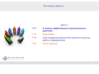Регламент работы




                          День 3.
10.00   6. Анализ эффективности реализованных
        действий.
11.30   Кофе-брейк.
11.45   План внедрения результатов тренинга в практику
        работы подразделения.
13.00   Итоги тренинга.
 