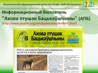 Информационный бюллетень
"Ахова птушак Бацькаўшчыны" (АПБ)
(http://www.ptushki.org/info/publication/bulletin.html)
 
