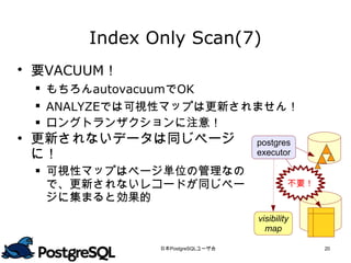 Index Only Scan(7)
 要VACUUM！
  もちろんautovacuumでOK
  ANALYZEでは可視性マップは更新されません！
  ロングトランザクションに注意！
 更新されないデータは同じページ                postgres
  に！                             executor
  可視性マップはページ単位の管理なの
   で、更新されないレコードが同じペー                      不要！
   ジに集まると効果的

                                 visibility
                                   map

              日本PostgreSQLユーザ会                  20
 