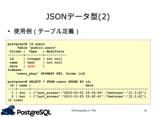 JSONデータ型(2)
 使用例（テーブル定義）
postgres=# d users
      Table "public.users"
 Column | Type     | Modifiers
--------+---------+-----------
 id      | integer | not null
 name    | text    | not null
 data    | json    |
Indexes:
    "users_pkey" PRIMARY KEY, btree (id)

postgres=# SELECT * FROM users ORDER BY id;
 id | name |                            data
----+------+------------------------------------------------------------
  1 | foo | {"last_access":"2012-01-01 12:34:56","features":"[1,3,5]"}
  2 | bar | {"last_access":"2011-11-25 23:42:41","features":"[2,3,6]"}
(2 rows)


                                日本PostgreSQLユーザ会                      30
 