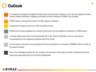 21
Outlook
The long-term prospects for global infrastructure are attractive, however in the near term global markets
remain volatile resulting in ongoing uncertainty and low visibility in EVRAZ‟s key markets

EVRAZ retains a strong order book and high capacity utilisation

Inventories at traders and at our mills and ports are low

EVRAZ continuously assesses the market environment and has significant flexibility in CAPEX plans

In Russia steel prices have remained broadly flat in Q1 2012 on Q4 2011, and our cost base is
increasing due to the ongoing strengthening of the rouble

The Company continues to have substantial financial headroom (in excess of US$800 million of cash on
the balance sheet)

Given the challenging outlook for the industry, the Company continues to monitor compliance with the
covenants associated with its financial indebtedness
 