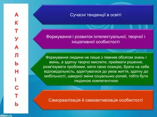 А                 Сучасні тенденції в освіті
К
Т
     Формування і розвиток інтелектуальної, творчої і
У              ініціативної особистості
А
Л     Формування людини не лише з певним обсягом знань і
Ь      вмінь, а здатну творчо мислити, приймати рішення,
    розв'язувати проблеми, мати свою позицію, брати на себе
Н   відповідальність, адаптуватися до умов життя, здатну до
     мобільності, швидкої зміни соціальних ролей, тобто бути
І                    людиною компетентною
С
Т
      Самореалізація й самоактивізація особистості
Ь
 
