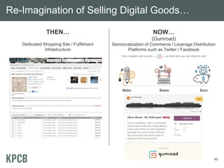 Re-Imagination of Selling Digital Goods…

               THEN…                                           NOW…
                                                              (Gumroad)
   Dedicated Shopping Site / Fulfillment   Democratization of Commerce / Leverage Distribution
              Infrastructure                     Platforms such as Twitter / Facebook




                                                                                             45
 