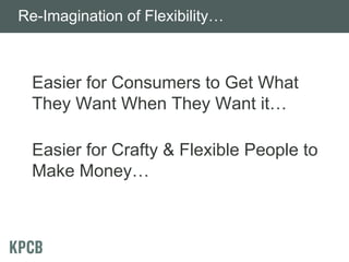 Re-Imagination of Flexibility…



  Easier for Consumers to Get What
  They Want When They Want it…

  Easier for Crafty & Flexible People to
  Make Money…
 