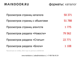 форматы: каталог


Просмотров страниц каталога                                                   50 371

Просмотров страниц с объектами                                                51 788

Просмотров страниц агентств                                                    1 775

Просмотров раздела «Новости»                                                  79 562

Просмотров раздела «Статьи»                                                   22 771

Просмотров раздела «Блоги»                                                     1 108
Просмотров за ноябрь 2012 года по данным LiveInternet


                     www.maindoor.ru | sales@maindoor.ru | +7 499 766 45 24
 