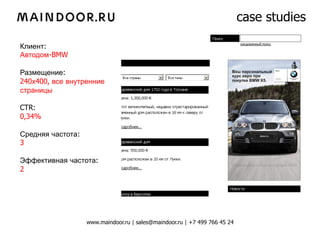 case studies

Клиент:
Автодом-BMW

Размещение:
240х400, все внутренние
страницы

CTR:
0,34%

Средняя частота:
3

Эффективная частота:
2




                   www.maindoor.ru | sales@maindoor.ru | +7 499 766 45 24
 