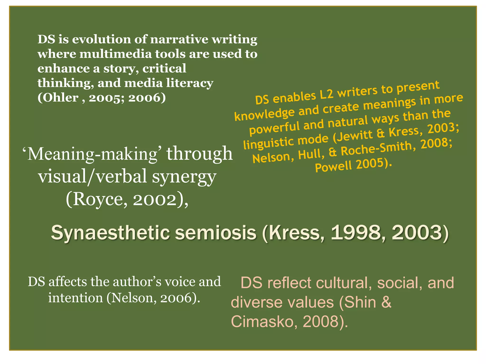DS is evolution of narrative writing
 where multimedia tools are used to
 enhance a story, critical
 thinking, and media literacy
 (Ohler , 2005; 2006)



‘Meaning-making’ through
  visual/verbal synergy
     (Royce, 2002),
   Synaesthetic semiosis (Kress, 1998, 2003)

DS affects the author’s voice and DS reflect cultural, social, and
   intention (Nelson, 2006).     diverse values (Shin &
                                Cimasko, 2008).
 