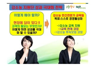 강소농 지원단 성과 극대화 전략

       할까?
어떻게 해야 할까?       강소농 민간전문가 교육팀
                  목표:
                  목표:스스로 경영활성화
현장에 답이 있다 !!
         무엇인가?
고객의 필요는 무엇인가?      ->강소농 교육 지원
어떻게 하면 성과를 극대       ->교육 연계 코칭
        있을까?
  화 할 수 있을까?     ->강소농 후속모임 코칭
 