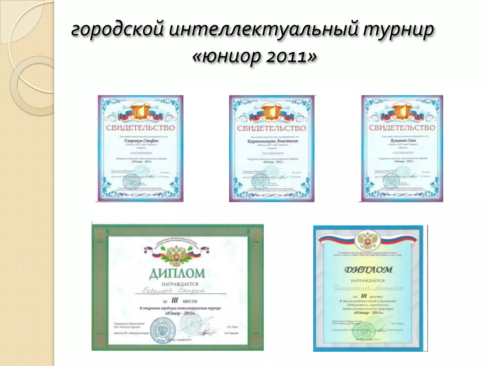 городской интеллектуальный турнир
            «юниор 2011»
 