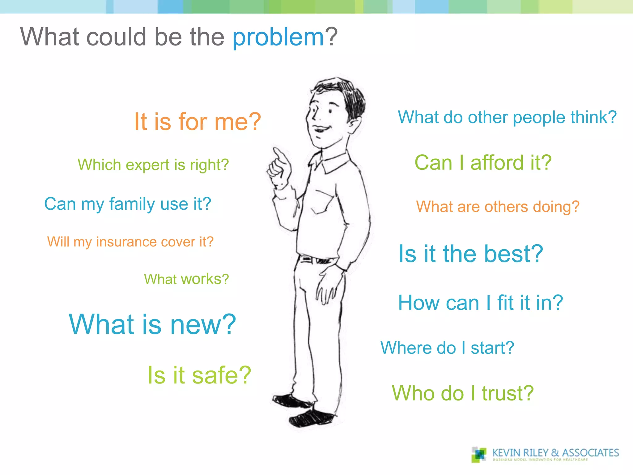What could be the problem?


               It is for me?      What do other people think?

      Which expert is right?        Can I afford it?
 Can my family use it?              What are others doing?

  Will my insurance cover it?
                                  Is it the best?
                 What works?
                                  How can I fit it in?
     What is new?
                                Where do I start?
                  Is it safe?
                                 Who do I trust?
 