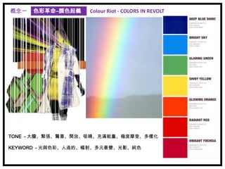 概念一   色彩革命–顏色起義    Colour Riot - COLORS IN REVOLT




TONE - 大膽、緊張、驚喜、開放、吸睛、充滿能量、極度摩登、多樣化

KEYWORD - 光與色彩、人造的、幅射、多元善變、光影、純色
 