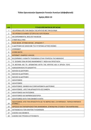 Τίτλοι Ερευνητικών Εργασιών Γενικών Λυκείων (αλφαβητικά)
Κρήτη 2012-13
Α/Α ΤΊΤΛΟΣ ΕΡΕΥΝΗΤΙΚΉΣ ΕΡΓΑΣΊΑΣ
1 100 ΧΡΌΝΙΑ ΑΠΌ ΤΗ...