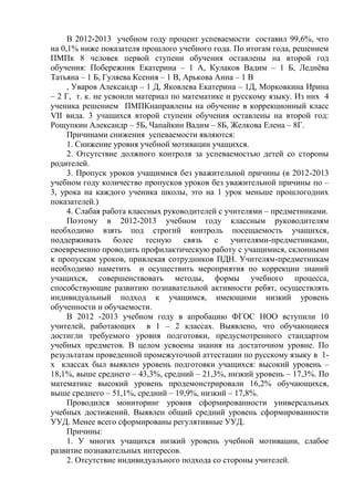 В 2012-2013 учебном году процент успеваемости составил 99,6%, что
на 0,1% ниже показателя прошлого учебного года. По итогам года, решением
ПМПк 8 человек первой ступени обучения оставлены на второй год
обучения: Побережник Екатерина – 1 А, Кулаков Вадим – 1 Б, Леднѐва
Татьяна – 1 Б, Гуляева Ксения – 1 В, Арькова Анна – 1 В
, Уваров Александр – 1 Д, Яковлева Екатерина – 1Д, Морковкина Ирина
– 2 Г, т. к. не усвоили материал по математике и русскому языку. Из них 4
ученика решением ПМПКнаправлены на обучение в коррекционный класс
VII вида. 3 учащихся второй ступени обучения оставлены на второй год:
Рощупкин Александр – 5Б, Чапайкин Вадим – 8Б, Желкова Елена – 8Г.
Причинами снижения успеваемости являются:
1. Снижение уровня учебной мотивации учащихся.
2. Отсутствие должного контроля за успеваемостью детей со стороны
родителей.
3. Пропуск уроков учащимися без уважительной причины (в 2012-2013
учебном году количество пропусков уроков без уважительной причины по –
3, урока на каждого ученика школы, это на 1 урок меньше прошлогодних
показателей.)
4. Слабая работа классных руководителей с учителями – предметниками.
Поэтому в 2012-2013 учебном году классным руководителям
необходимо взять под строгий контроль посещаемость учащихся,
поддерживать более тесную связь с учителями-предметниками,
своевременно проводить профилактическую работу с учащимися, склонными
к пропускам уроков, привлекая сотрудников ПДН. Учителям-предметникам
необходимо наметить и осуществить мероприятия по коррекции знаний
учащихся, совершенствовать методы, формы учебного процесса,
способствующие развитию познавательной активности ребят, осуществлять
индивидуальный подход к учащимся, имеющими низкий уровень
обученности и обучаемости.
В 2012 -2013 учебном году в апробацию ФГОС НОО вступили 10
учителей, работающих в 1 – 2 классах. Выявлено, что обучающиеся
достигли требуемого уровня подготовки, предусмотренного стандартом
учебных предметов. В целом усвоены знания на достаточном уровне. По
результатам проведенной промежуточной аттестации по русскому языку в 1-
х классах был выявлен уровень подготовки учащихся: высокий уровень –
18,1%, выше среднего – 43,3%, средний – 21,3%, низкий уровень – 17,3%. По
математике высокий уровень продемонстрировали 16,2% обучающихся,
выше среднего – 51,1%, средний – 19,9%, низкий – 17,8%.
Проводился мониторинг уровня сформированности универсальных
учебных достижений. Выявлен общий средний уровень сформированности
УУД. Менее всего сформированы регулятивные УУД.
Причины:
1. У многих учащихся низкий уровень учебной мотивации, слабое
развитие познавательных интересов.
2. Отсутствие индивидуального подхода со стороны учителей.
 