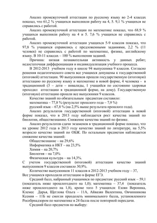Анализ промежуточной аттестации по русскому языку во 2-4 классах
показал, что 61,2 % учащихся выполнили работу на 4, 5. 9,1 % учащихся не
справились с работой.
Анализ промежуточной аттестации по математике показал, что 68,9 %
учащихся выполнили работу на 4 и 5. 7,6 % учащихся не справились с
работой.
Анализ промежуточной аттестации учащихся 5-9 классов показал, что
97,8 % учащихся справились с предложенными заданиями, 2,2 % (11
человек) не справились с работой по математике, физике, английскому
языку. В 10-11 классах – 100 % выполнения заданий.
Причина: низкая познавательная активность у данных ребят;
недостаточная дифференциация и индивидуализация учебного процесса.
В 2012-2013 учебном году в школе 94 выпускника 9 классов. Согласно
решения педагогического совета все учащиеся допущены к государственной
(итоговой) аттестации. 90 выпускников прошли государственную (итоговую)
аттестацию по русскому языку и математике в новой форме, 4 человека - в
традиционной (3 – дети – инвалиды, 1 учащийся по состоянию здоровья
проходил аттестацию в традиционной форме, на дому). Государственную
(итоговую) аттестацию прошли все выпускники 9 классов.
Качество знаний по обязательным предметам составило:
математика – 77,8 % (результат прошлого года – 7,9 %)
русский язык – 67,8 % (на 2,5% выше результата прошлого года).
Анализ результатов государственной (итоговой) аттестации в новой
форме показал, что в 2013 году наблюдается рост качества знаний по
биологии, обществознанию. Снижение качества знаний по физике.
Анализ результатов сдачи экзаменов в традиционной форме показал, что
на уровне 2012 года в 2013 году качество знаний по литературе, на 5,5%
возросло качество знаний по ОБЖ. По остальным предметам наблюдается
снижение качества знаний:
Обществознание – на 29,6%
Информатика и ИКТ – на 23,5%
Химия – на 20,7%
Биология – на 7,0%
Физическая культура – на 14,3%.
С учетом государственной (итоговой) аттестации качество знаний
выпускников 9 классов составило 30,9%.
Количество выпускников 11 классов в 2012-2013 учебном году – 37,
Все учащиеся проходили аттестацию в форме ЕГЭ.
Средний балл, набранный учащимися по предметам: русский язык – 59,1
(показатель ниже прошлогоднего на 1,0); математика – 37,4 (показатель
ниже прошлогоднего на 1,8), кроме того 5 учащихся: Езоян Вероника,
Клемес Дарья, Щеглова Ольга – 11А, Айвазян Валентина, Овчинникова
Ксения – 11Б не смогли преодолеть минимального балла, установленного
Рособрнадзором по математике в 24 балла после повторной пересдачи.
Средний балл предметов по выбору:
 