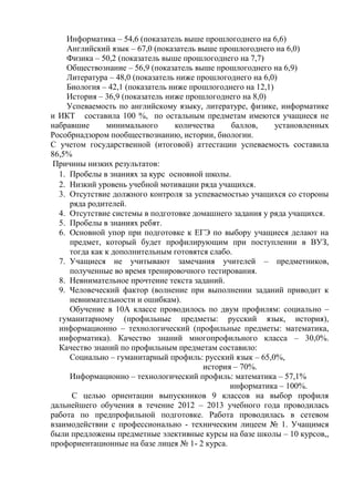 Информатика – 54,6 (показатель выше прошлогоднего на 6,6)
Английский язык – 67,0 (показатель выше прошлогоднего на 6,0)
Физика – 50,2 (показатель выше прошлогоднего на 7,7)
Обществознание – 56,9 (показатель выше прошлогоднего на 6,9)
Литература – 48,0 (показатель ниже прошлогоднего на 6,0)
Биология – 42,1 (показатель ниже прошлогоднего на 12,1)
История – 36,9 (показатель ниже прошлогоднего на 8,0)
Успеваемость по английскому языку, литературе, физике, информатике
и ИКТ составила 100 %, по остальным предметам имеются учащиеся не
набравшие минимального количества баллов, установленных
Рособрнадзором пообществознанию, истории, биологии.
С учетом государственной (итоговой) аттестации успеваемость составила
86,5%
Причины низких результатов:
1. Пробелы в знаниях за курс основной школы.
2. Низкий уровень учебной мотивации ряда учащихся.
3. Отсутствие должного контроля за успеваемостью учащихся со стороны
ряда родителей.
4. Отсутствие системы в подготовке домашнего задания у ряда учащихся.
5. Пробелы в знаниях ребят.
6. Основной упор при подготовке к ЕГЭ по выбору учащиеся делают на
предмет, который будет профилирующим при поступлении в ВУЗ,
тогда как к дополнительным готовятся слабо.
7. Учащиеся не учитывают замечания учителей – предметников,
полученные во время тренировочного тестирования.
8. Невнимательное прочтение текста заданий.
9. Человеческий фактор (волнение при выполнении заданий приводит к
невнимательности и ошибкам).
Обучение в 10А классе проводилось по двум профилям: социально –
гуманитарному (профильные предметы: русский язык, история),
информационно – технологический (профильные предметы: математика,
информатика). Качество знаний многопрофильного класса – 30,0%.
Качество знаний по профильным предметам составило:
Социально – гуманитарный профиль: русский язык – 65,0%,
история – 70%.
Информационно – технологический профиль: математика – 57,1%
информатика – 100%.
С целью ориентации выпускников 9 классов на выбор профиля
дальнейшего обучения в течение 2012 – 2013 учебного года проводилась
работа по предпрофильной подготовке. Работа проводилась в сетевом
взаимодействии с профессионально - техническим лицеем № 1. Учащимся
были предложены предметные элективные курсы на базе школы – 10 курсов,,
профориентационные на базе лицея № 1- 2 курса.
 