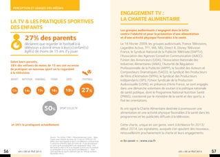 Perception et usages des mÉdias
                                                                                                       engagement TV :
     LA TV & les pratiques SPORTIVES                                                                   la charte alimentaire
     des enfants                                                                                       Les groupes audiovisuels s’engagent dans la lutte
                                                                                                       contre l’obésité et pour la promotion d’une alimentation
                 27% des parents                                                                       et d’une activité physique favorables à la santé.

                 déclarent que regarder le football à la                                               Le 18 Février 2009, les groupes audiovisuels, France Télévisions,
                 télévision a donné envie à leur(s) enfant(s)                                          Lagardère Active, TF1, M6, NRJ, Direct 8, Disney Télévision
                 âgé(s) de moins de 15 ans d’y jouer.                                                  France, le Syndicat National de la Publicité TéléVisée (SNPTV),
                                                                                                       l’Association des Agences Conseil en Communication (AACC),
                                                                                                       l’Union des Annonceurs (UDA), l’Association Nationale des
     Selon leurs parents,
     38% des enfants de moins de 15 ans ont eu envie                                                   Industries Alimentaires (ANIA), l’Autorité de Régulation
     de pratiquer un nouveau sport en le regardant                                                     Professionnelle de la Publicité (ARPP), la Société des Auteurs et
     à la télévision                                                                                   Compositeurs Dramatiques (SACD), le Syndicat des Producteurs
                                                                                                       de Films d’Animation (SPFA), le Syndicat des Producteurs
     BASKET    NATATION HANDBALL     tennis              judo                 football                 Indépendants (SPI), l’Union Syndicale de la Production
                                                                                                       Audiovisuelle (USPA), en présence d’Arte France, se sont engagés
      12%        14%         15%      16%               19%                  27%                       dans une démarche volontaire de soutien à la politique nationale
                                                                                                       de santé publique, dont le Programme National Nutrition Santé
                                                                                                       (PNNS), coordonné par le ministère de la santé et des sports, a
                                                                                                       fixé les orientations.

                                    50%          sport collectif                                       Ils ont signé la Charte Alimentaire destinée à promouvoir une
                                                                                                       alimentation et une activité physique favorables à la santé dans les
                                                                                                       programmes et les publicités diffusés à la télévision.

     et 26% le pratiquent actuellement                                                                 Cette charte, unique en son genre, vient à échéance fin 2013/
                                                                                                       début 2014. Les signataires, auxquels s’en ajoutent des nouveaux,
                                                                                                       renouvelleront prochainement la charte et leurs engagements.
                                     Source : Tns Sofres / PMU - Observatoire des Loisirs - Base :
                                     Foyers avec enfants de moins de 15 ans (n=259) Q17 Et
                                     diriez-vous que regarder le sport à la télévision a donné envie     En savoir + : www.csa.fr
                                     à votre/vos enfant(s) âgés de moins de 15 ans de pratiquer
                                     un sport qu’ils ne pratiquaient pas auparavant? Base : Ont
                                     été incité (n=98) Q18 Le ou lesquels Q19 Et ont-ils pratiqué
                                     ou pratiquent-ils ce ou ces sports actuellement ? - Seuls
56          LES + DE LA TÉLÉ 2013    sont reportés les sports obtenant plus de 10% de citations -
                                     Novembre 2012.
                                                                                                                                                   LES + DE LA TÉLÉ 2013      57
 