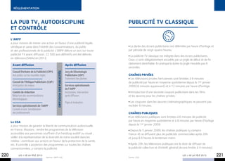 réglementation



      La Pub TV, autodiscipline                                                                            Publicité TV classique
      et contrôle
      L’ARPP
      a pour mission de mener une action en faveur d’une publicité loyale,
      véridique et saine dans l’intérêt des consommateurs, du public                                        La durée des écrans publicitaires est délimitée par heure d’horloge et
      et des professionnels de la publicité. L’ARPP délivre un avis sur toute                              par période de vingt-quatre heures.
      publicité TV avant diffusion. 22 500 avis définitifs ont été délivrés
                                                                                                             La publicité TV classique est intégrée dans des écrans publicitaires.
      en télévision/SMAd en 2012.
                                                                                                           Ceux-ci sont obligatoirement encadrés par un jingle de début et de fin
       Avant diffusion                                                         Après diffusion             clairement identifiable. En pratique la durée du jingle n’excède pas 8
                                                                                                           secondes.
       Conseil Paritaire de la Publicité (CPP)                                 Jury de Déontologie
                                                    Diffusion des publicités




       Avis publics sur les nouvelles règles                                   Publicitaire (JDP)          CHAÎNES PRIVÉES
                                                                               Traitement des plaintes      Les télévisions privées hertziennes sont limitées à 9 minutes
       Conseil de l’Ethique Publicitaire (CEP)                                                             de publicité par heure en moyenne quotidienne depuis le 1er janvier
       Anticipation des enjeux                                                 Services opérationnels      2009 (6 minutes auparavant) et à 12 minutes par heure d’horloge.
                                                                               de l’ARPP
       Comité de rédaction                                                     Autosaisine, intervention    Introduction d’une seconde coupure publicitaire dans les films
       Rédaction des recommandations                                           après diffusion.            et les œuvres pour les chaînes privées.
       déontologiques
                                                                               Piges et évaluation.         Les coupures dans les œuvres cinématographiques ne peuvent pas
       Services opérationnels de l’ARPP                                                                    excéder 6 minutes.
       Conseils et avis. Sensibilisation
       des professionnels                                                                                  CHAÎNES PUBLIQUES
                                                                                                            Les télévisions publiques sont limitées à 6 minutes de publicité
      Le CSA                                                                                               par heure en moyenne quotidienne et à 8 minutes par heure d’horloge
      a pour mission de garantir la liberté de communication audiovisuelle                                 depuis le 1er janvier 2009.
      en France. Missions : rendre les programmes de la télévision                                          Depuis le 5 janvier 2009, les chaînes publiques (y compris
      accessibles aux personnes souffrant d’un handicap auditif ou visuel ;                                France 4) ne diffusent plus de publicités commerciales après 20h
      veiller à la représentation de la diversité de notre société dans les                                et jusqu’à 6 heures le lendemain matin. 
      médias ; contribuer aux actions en faveur de la protection de la santé,
      etc. Il contrôle a posteriori des programmes sur toutes les chaînes                                    Après 20h, les télévisions publiques ont le droit de diffuser de
      conventionnées, y compris la publicité.                                                              la publicité collective et d’intérêt général (écrans limités à 4 minutes).

220         LES + DE LA TÉLÉ 2013
                                       Sources : ARPP. CSA.                                                Source : CSA.
                                                                                                                                                          LES + DE LA TÉLÉ 2013         221
 