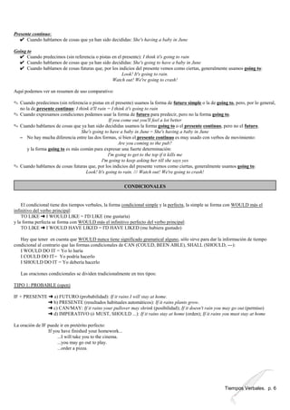 Presente continuo:
U Cuando hablamos de cosas que ya han sido decididas: She's having a baby in June
Going to
U Cuando predecimos (sin referencia o pistas en el presente): I think it's going to rain
U Cuando hablamos de cosas que ya han sido decididas: She's going to have a baby in June
U Cuando hablamos de cosas futuras que, por los indicios del presente vemos como ciertas, generalmente usamos going to:
Look! It's going to rain.
Watch out! We're going to crash!
Aquí podemos ver un resumen de uso comparativo:
O Cuando predecimos (sin referencia o pistas en el presente) usamos la forma de futuro simple o la de going to, pero, por lo general,
no la de presente continuo: I think it'll rain = I think it's going to rain
O Cuando expresamos condiciones podemos usar la forma de futuro para predecir, pero no la forma going to.
If you come out you'll feel a lot better
O Cuando hablamos de cosas que ya han sido decididas usamos la forma going to o el presente continuo, pero no el futuro.
She's going to have a baby in June = She's having a baby in June
S No hay mucha diferencia entre las dos formas, si bien el presente continuo es muy usado con verbos de movimiento:
Are you coming to the pub?
y la forma going to es más común para expresar una fuerte determinación:
I'm going to get to the top if it kills me
I'm going to keep asking her till she says yes
O Cuando hablamos de cosas futuras que, por los indicios del presente vemos como ciertas, generalmente usamos going to:
Look! It's going to rain. /// Watch out! We're going to crash!
CONDICIONALES
El condicional tiene dos tiempos verbales, la forma condicional simple y la perfecta, la simple se forma con WOULD más el
infinitivo del verbo principal:
TO LIKE º I WOULD LIKE = I'D LIKE (me gustaría)
y la forma perfecta se forma con WOULD más el infinitivo perfecto del verbo principal:
TO LIKE º I WOULD HAVE LIKED = I'D HAVE LIKED (me hubiera gustado)
Hay que tener en cuenta que WOULD nunca tiene significado gramatical alguno, sólo sirve para dar la información de tiempo
condicional al contrario que las formas condicionales de CAN (COULD, BEEN ABLE), SHALL (SHOULD, ---):
I WOULD DO IT = Yo lo haría
I COULD DO IT= Yo podría hacerlo
I SHOULD DO IT = Yo debería hacerlo
Las oraciones condicionales se dividen tradicionalmente en tres tipos:
TIPO 1: PROBABLE (open)
IF + PRESENTE º a) FUTURO (probabilidad): If it rains I will stay at home.
º b) PRESENTE (resultados habituales automáticos): If it rains plants grow.
º c) CAN/MAY: If it rains your pullover may shrink (posibilidad); If it doesn't rain you may go out (permiso)
º d) IMPERATIVO (ó MUST, SHOULD ...): If it rains stay at home (orden); If it rains you must stay at home
La oración de IF puede ir en pretérito perfecto:
If you have finished your homework...
...I will take you to the cinema.
...you may go out to play.
...order a pizza.
Tiempos Verbales. p. 6
 