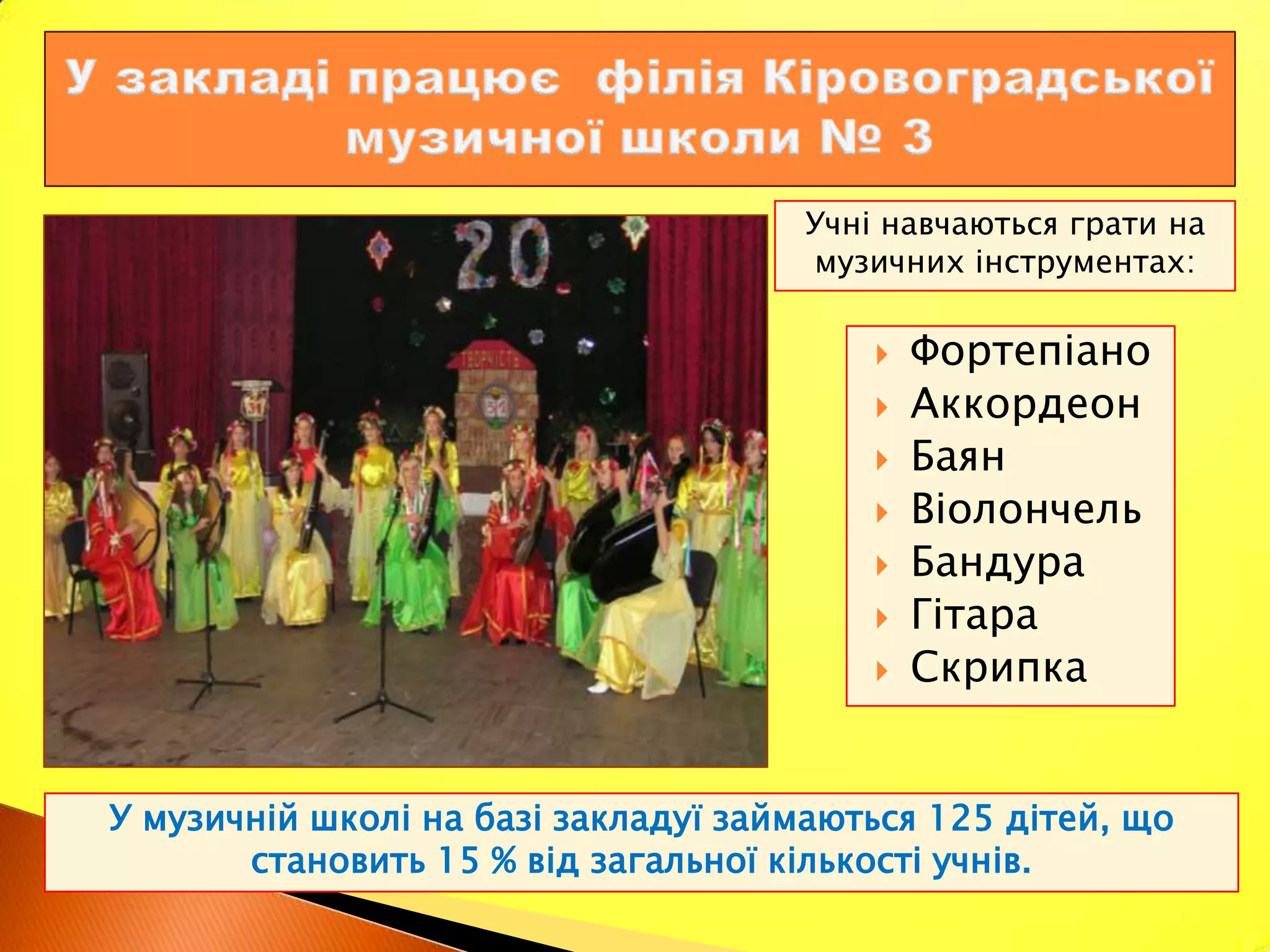 Учні навчаються грати на
                                     музичних інструментах:

                                            Фортепіано
                                            Аккордеон
                                            Баян
                                            Віолончель
                                            Бандура
                                            Гітара
                                            Скрипка


У музичній школі на базі закладуї займаються 125 дітей, що
       становить 15 % від загальної кількості учнів.
 