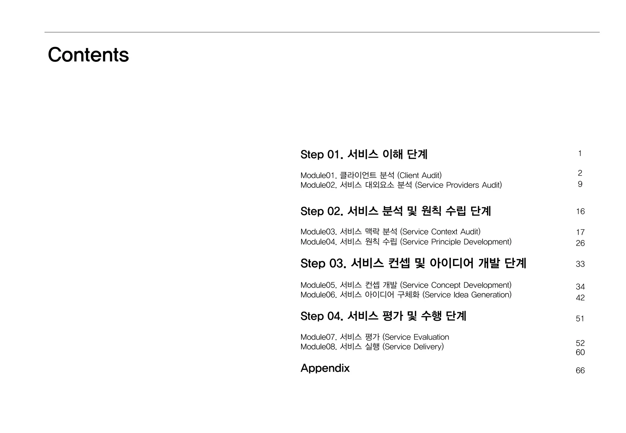 Contents
Step 01. 서비스 이해 단계
Module01. 클라이언트 분석 (Client Audit)
Module02. 서비스 대외요소 분석 (Service Providers Audit)
Step 02. 서비스 분석 및 원칙 수립 단계
Module03. 서비스 맥락 분석 (Service Context Audit)
Module04. 서비스 원칙 수립 (Service Principle Development)
Step 03. 서비스 컨셉 및 아이디어 개발 단계
Module05. 서비스 컨셉 개발 (Service Concept Development)
Module06. 서비스 아이디어 구체화 (Service Idea Generation)
Step 04. 서비스 평가 및 수행 단계
Module07. 서비스 평가 (Service Evaluation
Module08. 서비스 실행 (Service Delivery)
Appendix
1
2
9
16
17
26
33
34
42
51
52
60
66
 
