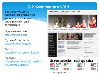 7. Упоминание в СМИ
В 2012 году более 40
публикаций в СМИ, в том
числе в сети Интернет о
мероприятиях нашей
организации
Официальный сайт:
http://moigoda.org
Группа «В Контакте»:
http://vk.com/moigoda
Twitter:
https://twitter.com/moi_goda
Facebook:
https://www.facebook.com/Moi
GodaMoeBogatstvo
 