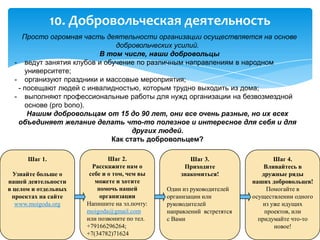 10. Добровольческая деятельность
Шаг 1.
Узнайте больше о
нашей деятельности
в целом и отдельных
проектах на сайте
www.moigoda.org
Шаг 2.
Расскажите нам о
себе и о том, чем вы
можете и хотите
помочь нашей
организации
Напишите на эл.почту:
moigoda@gmail.com
или позвоните по тел.
+79166296264;
+7(34782)71624
Шаг 3.
Приходите
знакомиться!
Один из руководителей
организации или
руководителей
направлений встретятся
с Вами
Шаг 4.
Вливайтесь в
дружные ряды
наших добровольцев!
Помогайте в
осуществлении одного
из уже идущих
проектов, или
придумайте что-то
новое!
Просто огромная часть деятельности организации осуществляется на основе
добровольческих усилий.
В том числе, наши добровольцы
- ведут занятия клубов и обучение по различным направлениям в народном
университете;
- организуют праздники и массовые мероприятия;
- посещают людей с инвалидностью, которым трудно выходить из дома;
- выполняют профессиональные работы для нужд организации на безвозмездной
основе (pro bono).
Нашим добровольцам от 15 до 90 лет, они все очень разные, но их всех
объединяет желание делать что-то полезное и интересное для себя и для
других людей.
Как стать добровольцем?
 