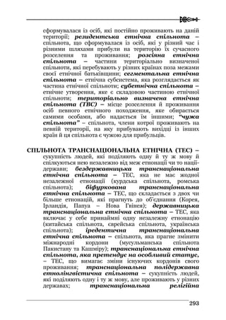  
229933
сформувалася із осіб, які постійно проживають на даній
території; резидентська етнічна спільнота –
спільнота, що сформувалася із осіб, які у різний час і
різними шляхами прибули на територію їх сучасного
розселення та проживання; розсіяна етнічна
спільнота – частини територіально визначеної
спільноти, які перебувають у різних країнах поза межами
своєї етнічної батьківщини; сегментальна етнічна
спільнота – етнічна субсистема, яка розглядається як
частина етнічної спільноти; субетнічна спільнота –
етнічне утворення, яке є складовою частиною етнічної
спільноти; територіально визначена етнічна
спільнота (ТВС) – місце розселення й проживання
осіб певного етнічного походження, яке обирається
самими особами, або надається їм іншими; “чужа
спільнота” – спільнота, члени котрої проживають на
певній території, на яку прибувають вихідці із інших
країн й ця спільнота є чужою для прибульців.
СПІЛЬНОТА ТРАНСНАЦІОНАЛЬНА ЕТНІЧНА (ТЕС) –
сукупність людей, які поділяють одну й ту ж мову й
спілкуються нею незалежно від меж етнонації чи то нації-
держави; бездержавницька транснаціональна
етнічна спільнота – ТЕС, яка не має жодної
незалежної етнонації (курдська спільнота, ромська
спільнота); біфуркована транснаціональна
етнічна спільнота – ТЕС, що складається з двох чи
більше етнонацій, які прагнуть до об’єднання (Корея,
Ірландія, Папуа – Нова Гвінея); державницька
транснаціональна етнічна спільнота – ТЕС, яка
включає у себе принаймні одну незалежну етнонацію
(китайська спільнота, єврейська спільнота, українська
спільнота); іредентична транснаціональна
етнічна спільнота – спільнота, яка прагне змінити
міжнародні кордони (мусульманська спільнота
Пакистану та Кашміру); транснаціональна етнічна
спільнота, яка претендує на особливий статус,
– ТЕС, що вимагає зміни існуючих кордонів свого
проживання; транснаціональна полідержавна
етнолінгвістична спільнота – сукупність людей,
які поділяють одну і ту ж мову, але проживають у різних
державах; транснаціональна релігійна
 