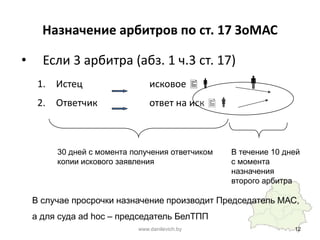 Назначение арбитров по ст. 17 ЗоМАС
• Если 3 арбитра (абз. 1 ч.3 ст. 17)
1. Истец исковое  
2. Ответчик ответ на иск 
www.danilevich.by 12
30 дней с момента получения ответчиком
копии искового заявления
В течение 10 дней
с момента
назначения
второго арбитра
В случае просрочки назначение производит Председатель МАС,
а для суда ad hoc – председатель БелТПП
 