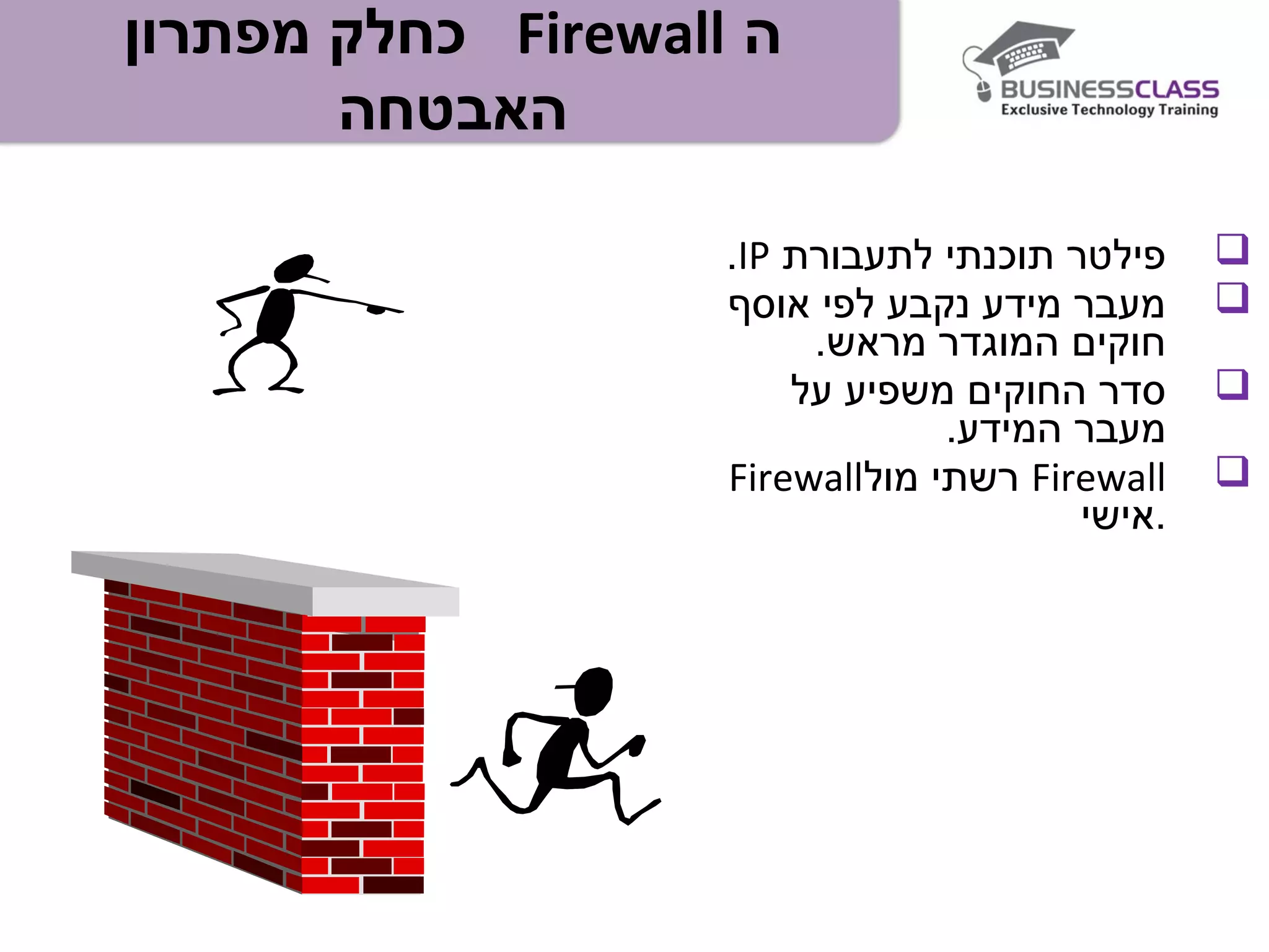 ‫ה‬Firewall‫מפתרון‬ ‫כחלק‬
‫האבטחה‬
‫לתעבורת‬ ‫תוכנתי‬ ‫פילטר‬IP.
‫אוסף‬ ‫לפי‬ ‫נקבע‬ ‫מידע‬ ‫מעבר‬
.‫מראש‬ ‫המוגדר‬ ‫חוקים‬
‫על‬ ‫משפיע‬ ‫החוקים‬ ‫סדר‬
.‫המידע‬ ‫מעבר‬
Firewall‫מול‬ ‫רשתי‬Firewall
‫.אישי‬
 