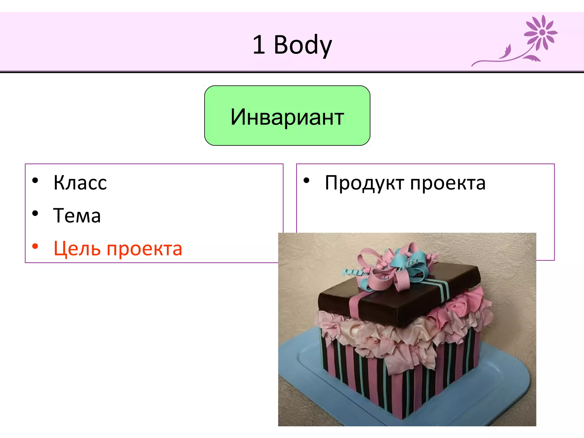1 Body
• Класс
• Тема
• Цель проекта
• Продукт проекта
Инвариант
 