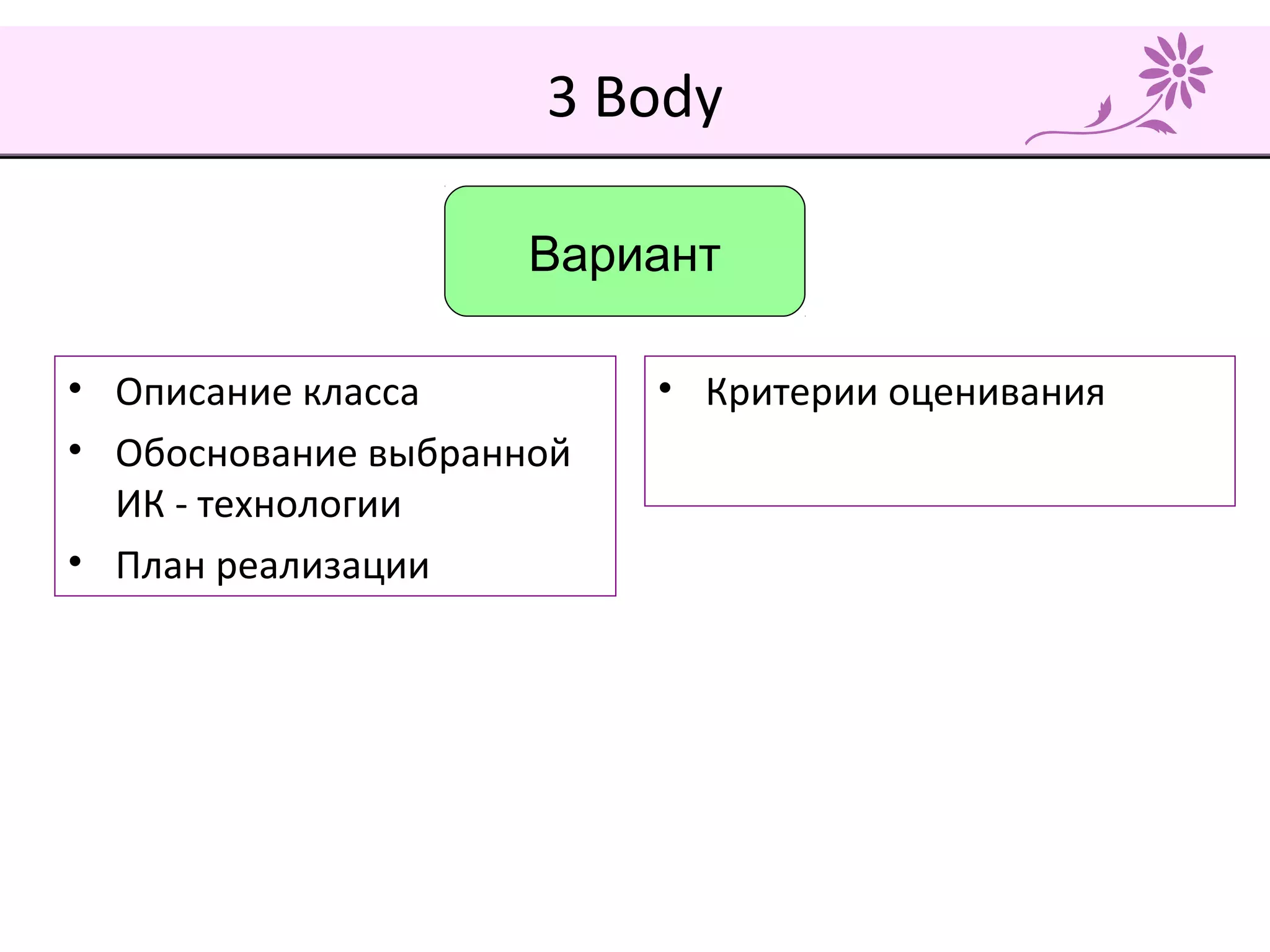 3 Body
• Описание класса
• Обоснование выбранной
ИК - технологии
• План реализации
• Критерии оценивания
Вариант
 