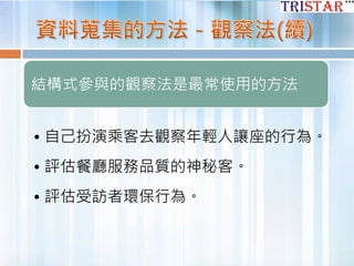 結構式參與的觀察法是最常使用的方法
• 自己扮演乘客去觀察年輕人讓座的行為。
• 評估餐廳服務品質的神秘客。
• 評估受訪者環保行為。
 