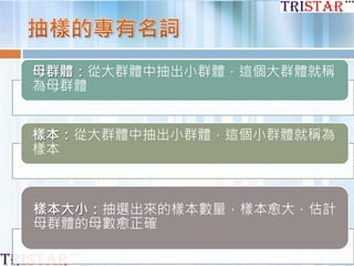 母群體：從大群體中抽出小群體，這個大群體就稱
為母群體
樣本：從大群體中抽出小群體，這個小群體就稱為
樣本
樣本大小：抽選出來的樣本數量，樣本愈大，估計
母群體的母數愈正確
 